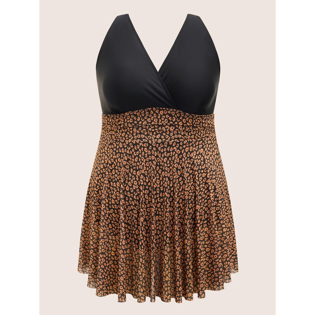 Plus Size V Neck Leopard Print Patchwork Swim Dress Women's Swimwear Black Beach Bodycon Overlap Collar High stretch Curve Swim Dresses BloomChic 12/L Product Image