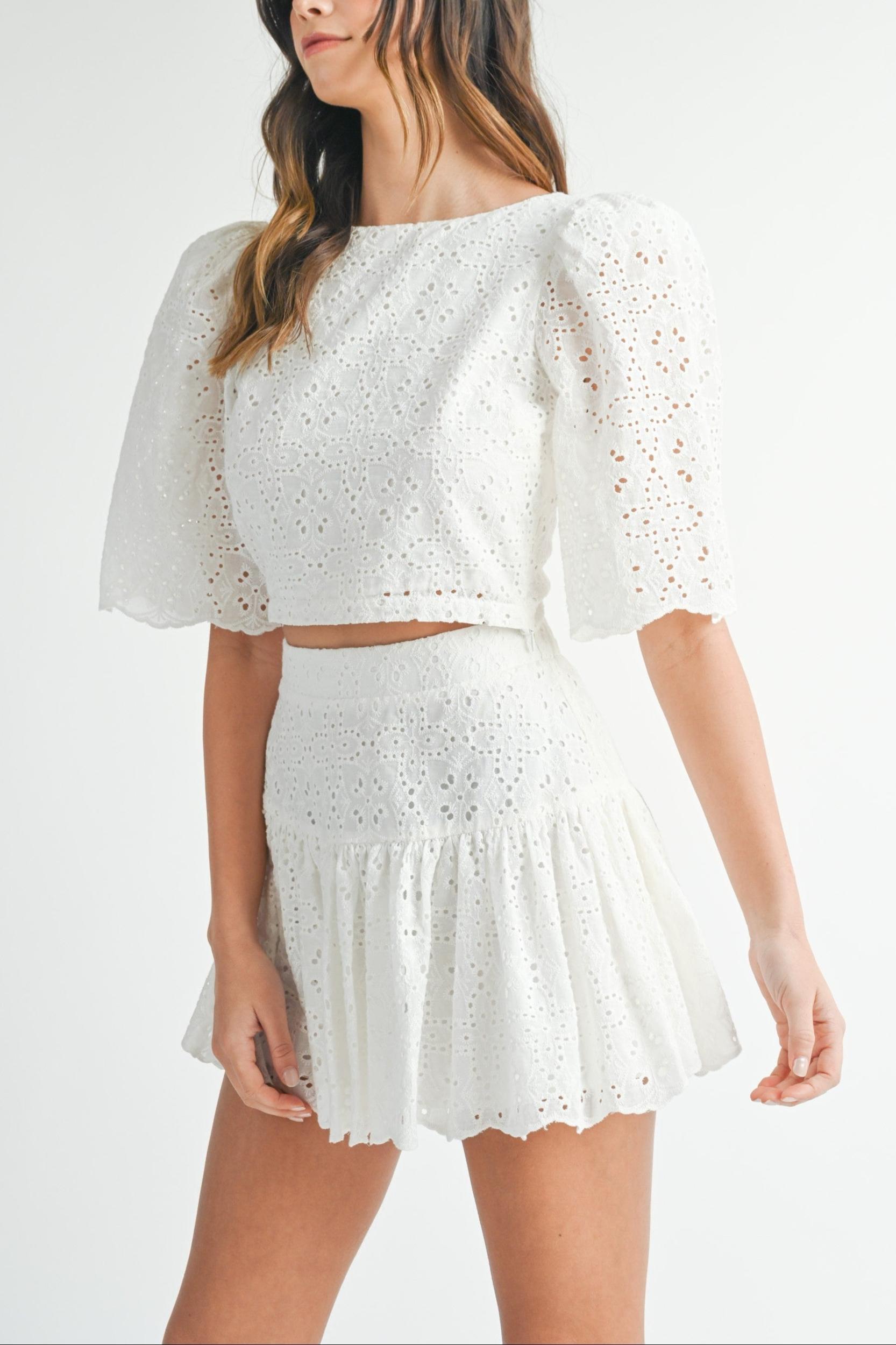 Eyelet Lace Puff Sleeve Crop Top & Skirt Set Product Image