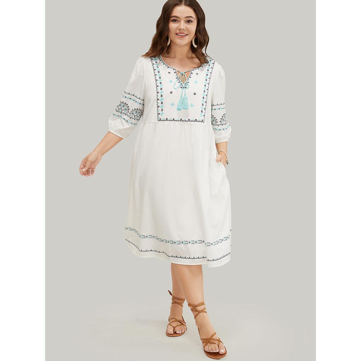 Plus Size Bandana Print Tassels Lantern Sleeve Pocket Midi Dress White Women Vacation Tassels Tie Neck Elbow-length sleeve Curvy Midi Dress BloomChic 30/6X Product Image