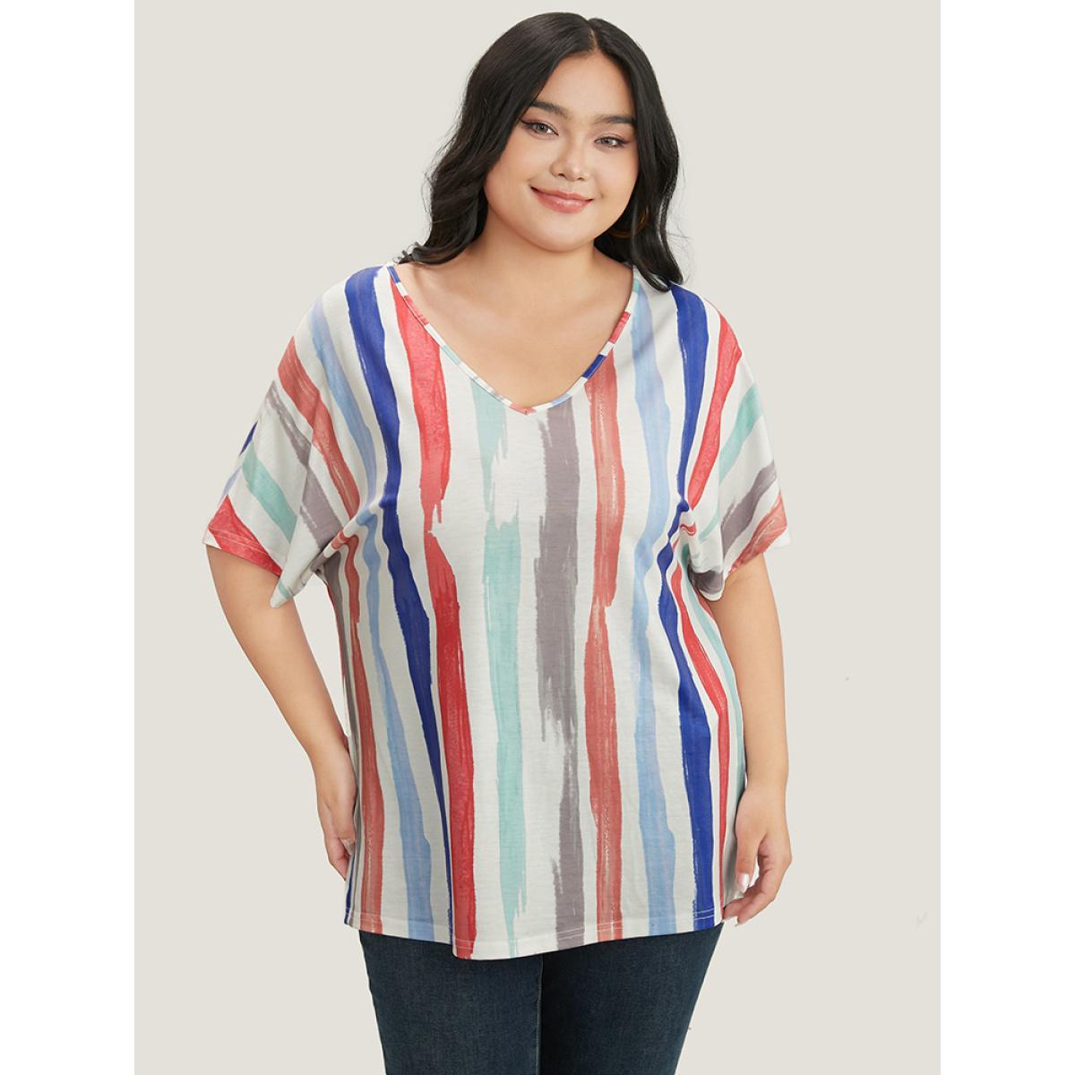 Plus Size Striped Contrast Dolman Sleeve V Neck T-shirt White Women Casual Striped V-neck Everyday T-shirts BloomChic 12/L Product Image