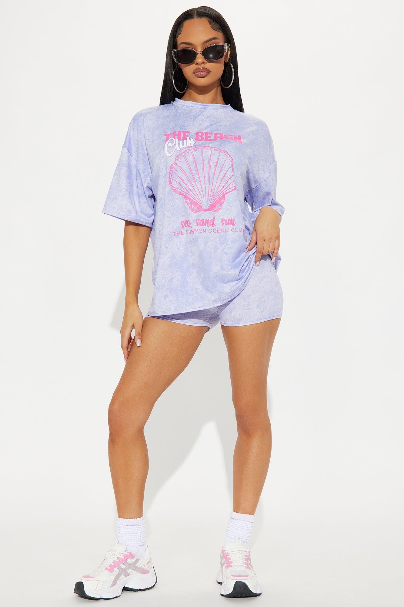 Beach Club Washed Oversize T-Shirt Biker Short Set - Lavender Female Product Image