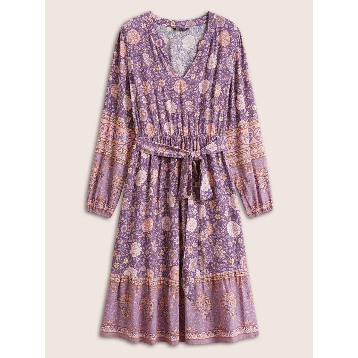 Plus Size Boho Print Belted Notched Lantern Sleeve Dress Mauve Women Resort Non Notched collar Long Sleeve Curvy Midi Dress BloomChic 14-16/1X Product Image