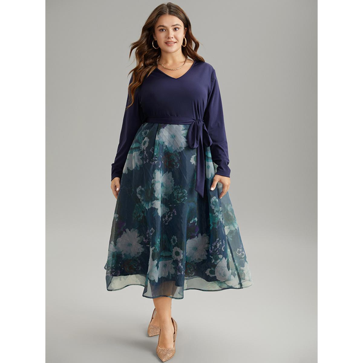 Plus Size Floral Print Belted Patchwork Mesh Dress DarkBlue Women Elegant Belted V-neck Long Sleeve Curvy Midi Dress BloomChic 12/L Product Image