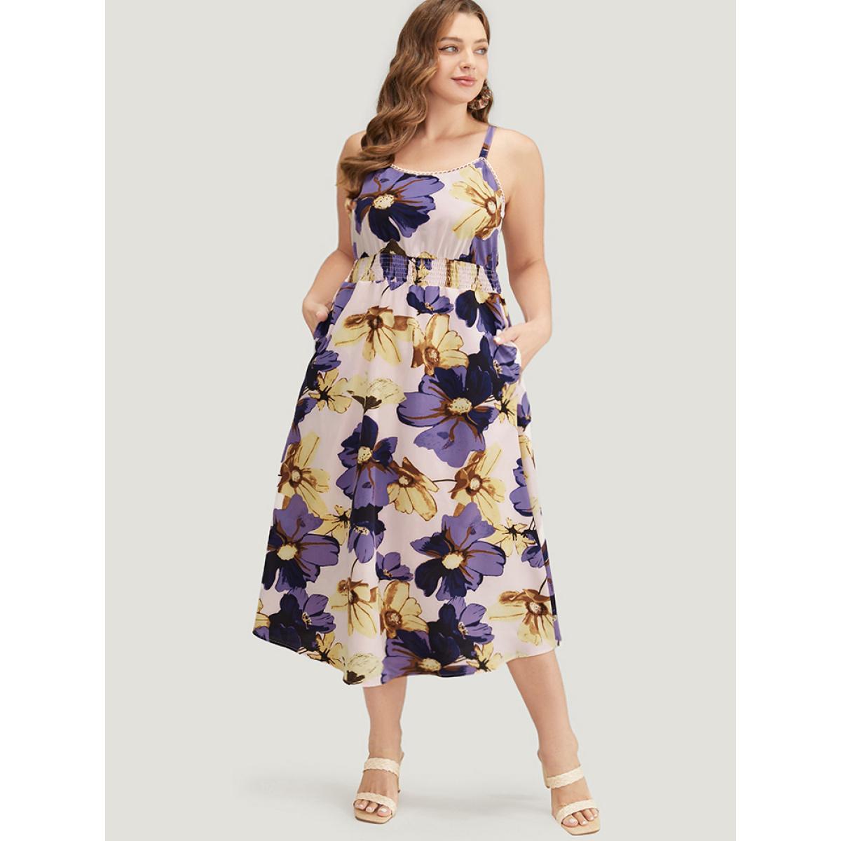 Plus Size Floral Ruffle Hem Pocket Shirred Cami Dress Mauve Women Elegant Adjustable Straps Spaghetti Strap Sleeveless Curvy Midi Dress BloomChic 28/5X Product Image