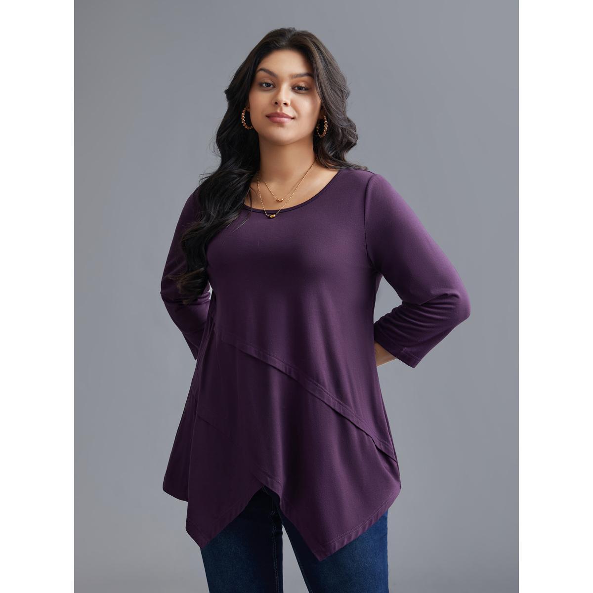 Plus Size Asymmetrical Hem Overlap Long T-shirt Black Women Elegant Tucked seam Round Neck Loose Everyday T-shirts BloomChic 30/6X Product Image