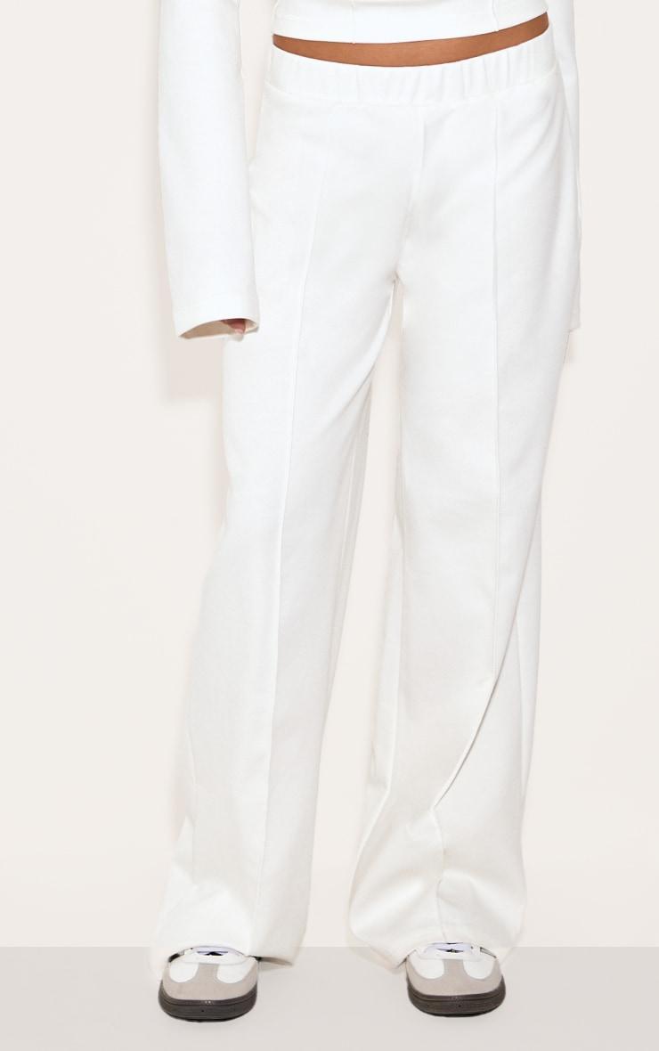 Cream Stretch Pin Tuck Mid Rise Wide Leg Pants Product Image