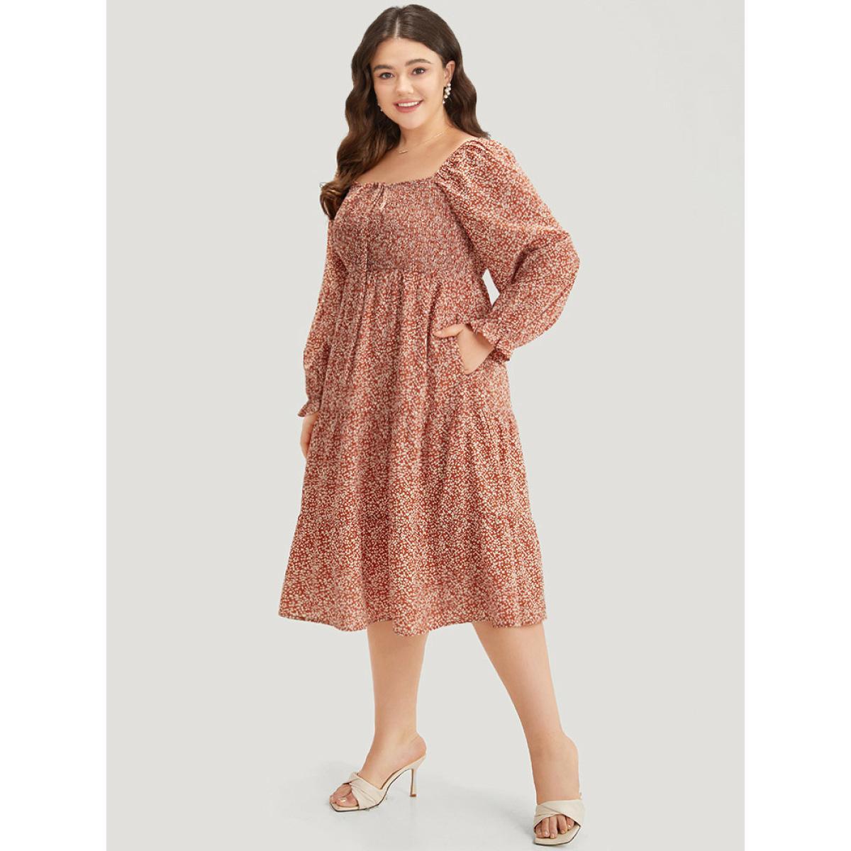 Plus Size Ditsy Floral Pocket Shirred Ties Dress Rust Women Elegant Elastic cuffs Square Neck Long Sleeve Curvy Midi Dress BloomChic 26/4X Product Image
