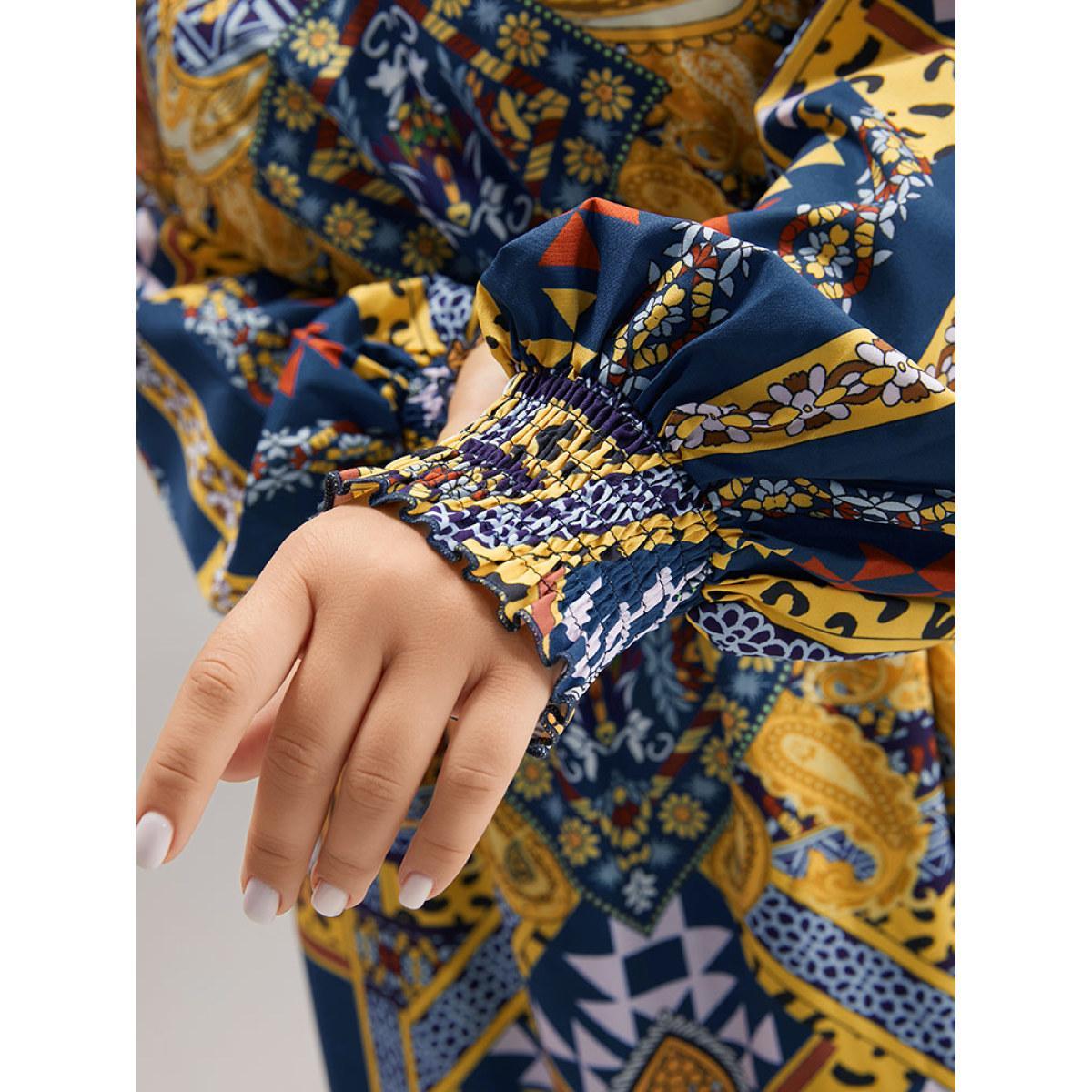 Plus Size Boho Print Shirred Pocket Ruffle Hem Dress DarkBlue Women Vacation Printed V-neck Long Sleeve Curvy Midi Dress BloomChic 26/4X Product Image