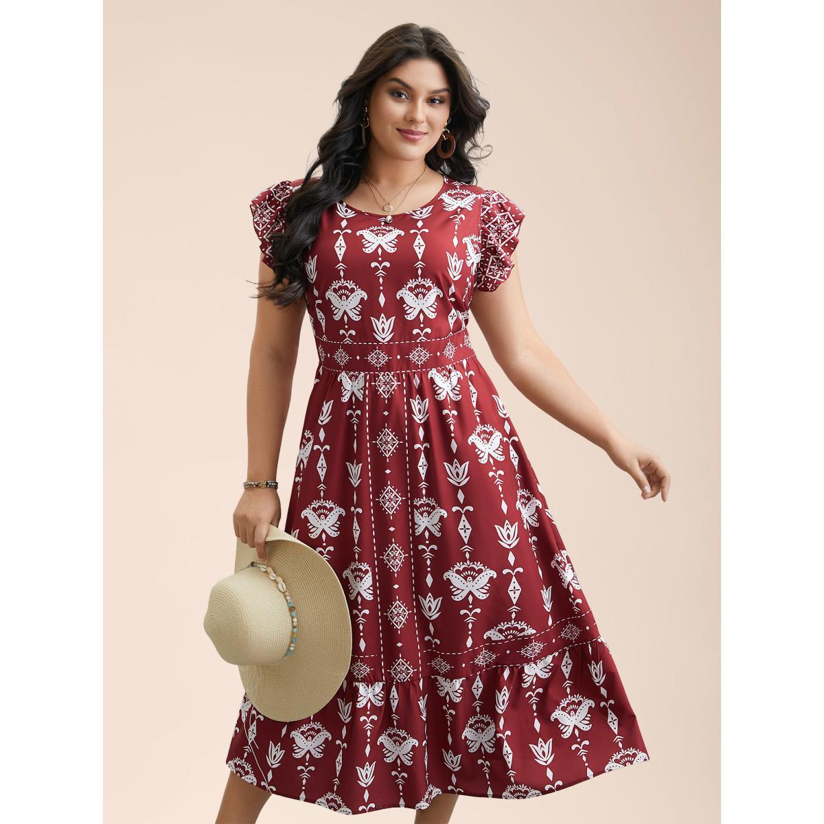 Plus Size Boho Print Stretchy-Waist Ruffled Midi Dress Russet Women Resort Shirred Round Neck Cap Sleeve Curvy BloomChic 18-20/2X Product Image