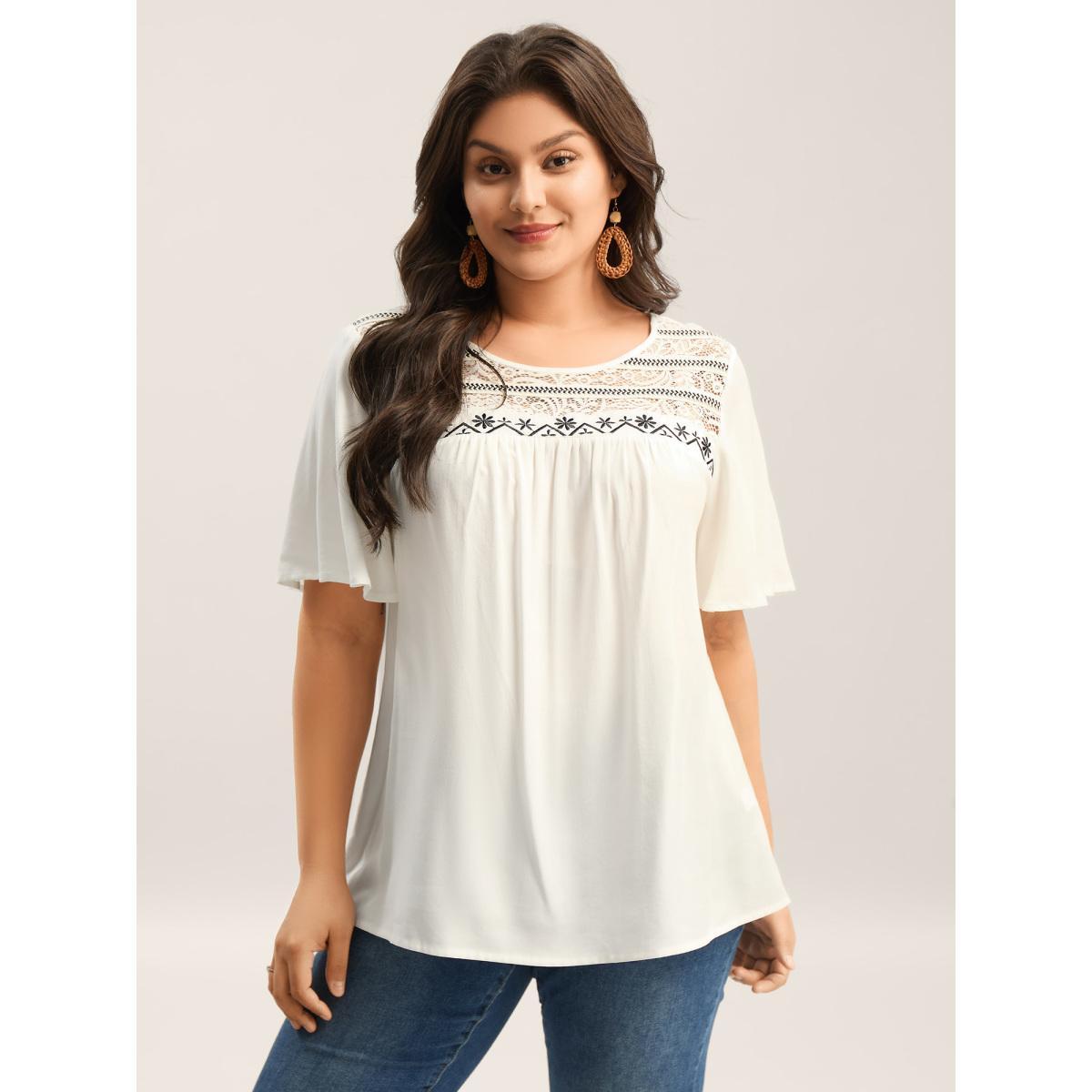 Plus Size WhiteSmoke Stretchy Boho Neck Cut-Out Blouse Women Short sleeve Round Neck Vacation Blouses BloomChic 10/M Product Image