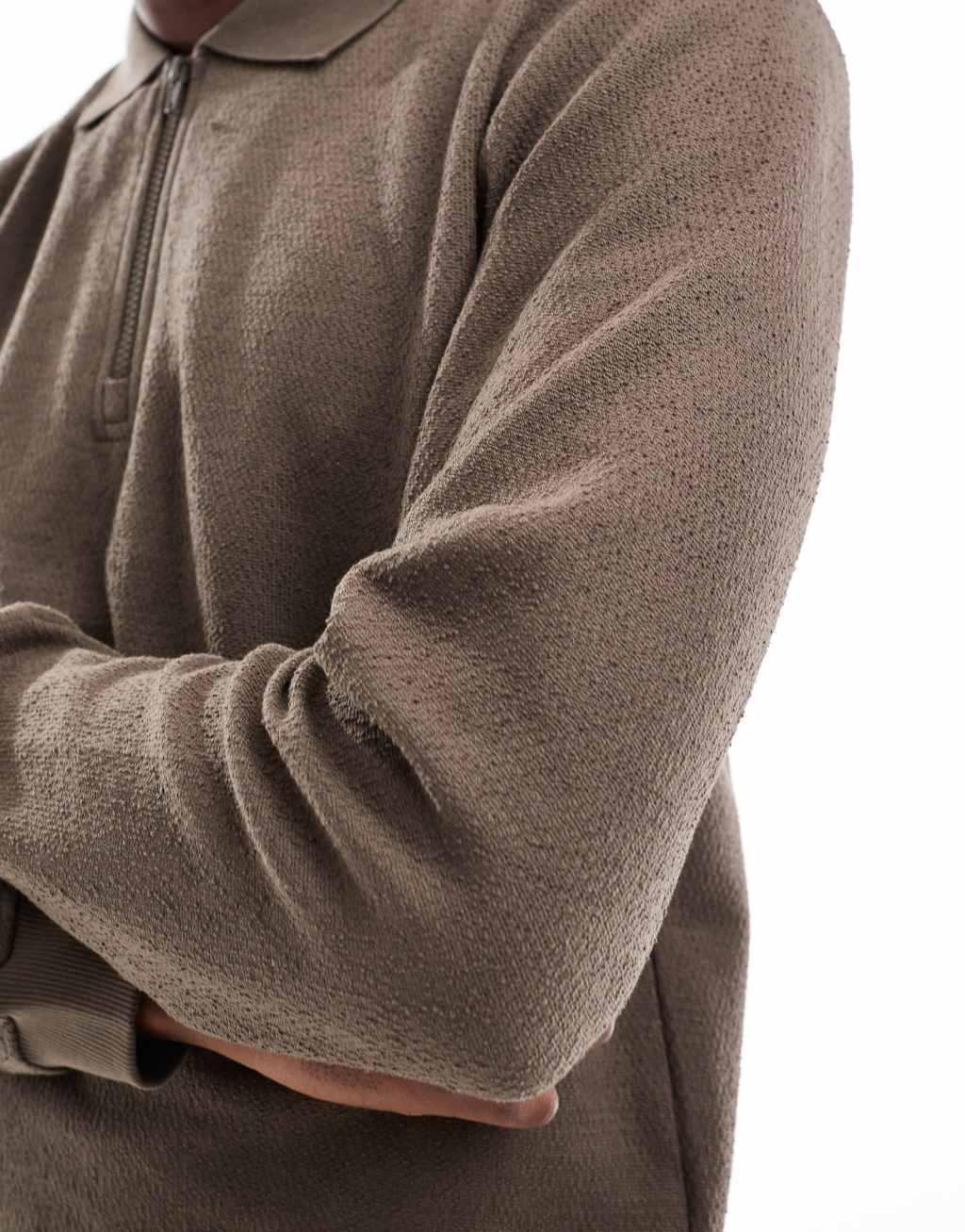 ONLY & SONS long sleeve 1/4 zip polo top in brown Product Image