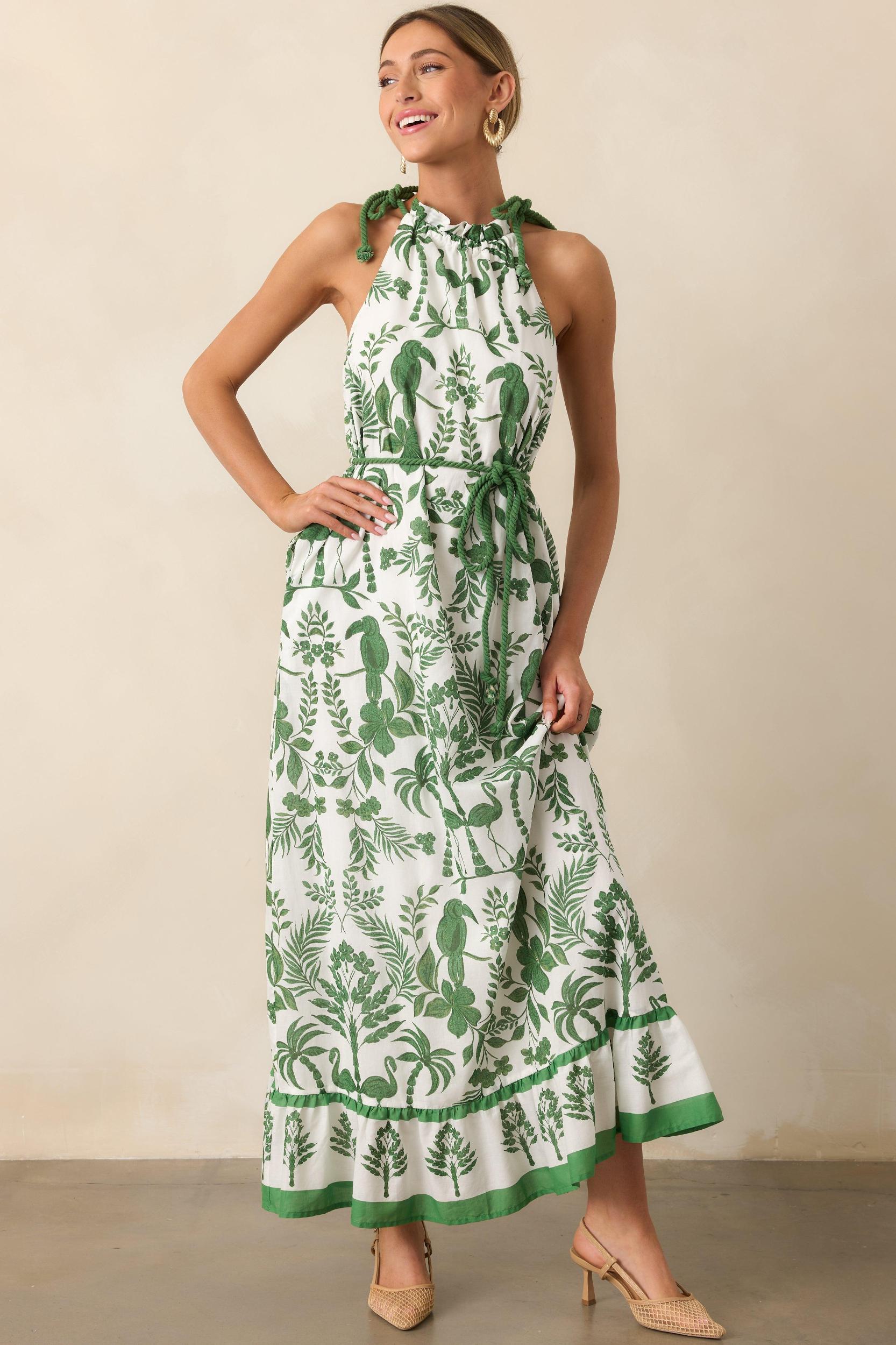 Breeze Through Paradise Cotton Green Tropical Print Maxi Dress Product Image