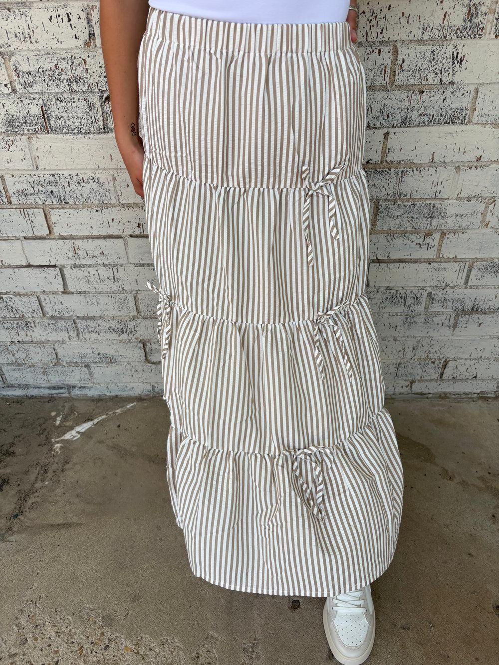 Bow Tie Tiered Taupe Stripe Maxi Skirt Product Image