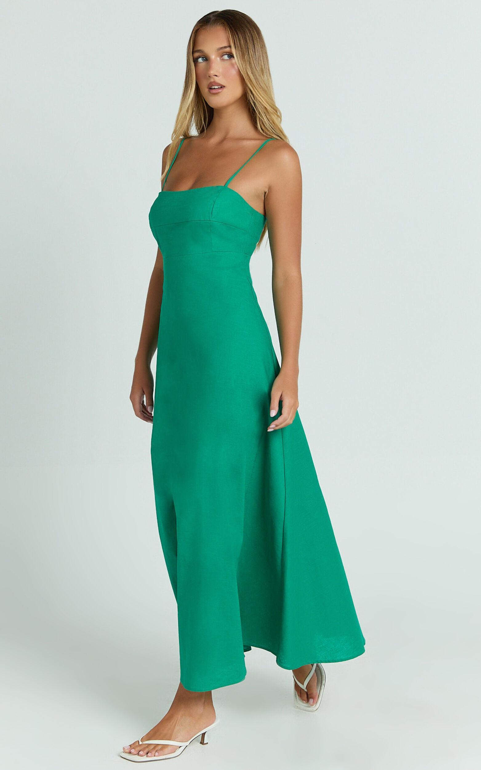 Brette Midi Dress - Linen Straight Neck Strappy Fit And Flare Dress in Olive Product Image