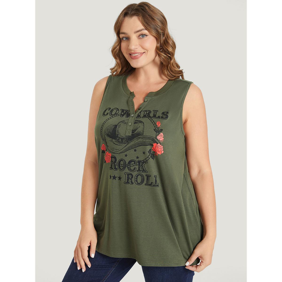 Plus Size Rose & Letter Print Button Up Graphic Tank Top Women ArmyGreen Casual Button Dailywear Tank Tops Camis BloomChic 18-20/2X Product Image