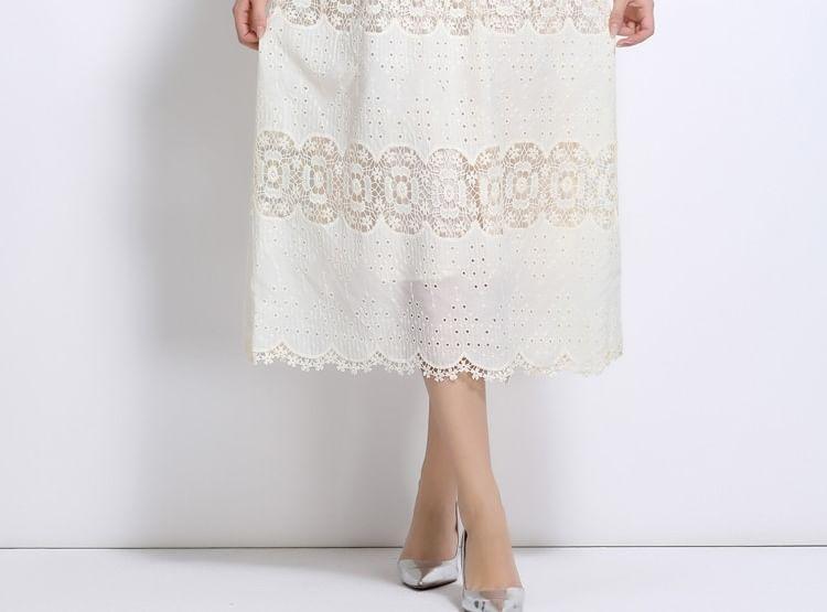 Set: Long Sleeve Stand Collar Plain Button Panel Lace Midi A-Line Dress + Belt Product Image
