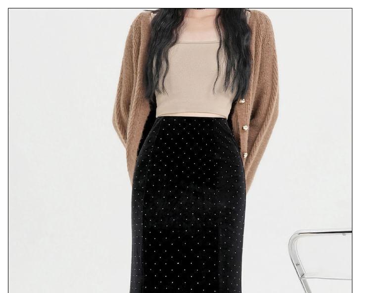High Rise Rhinestone Velvet Midi Mermaid Skirt Product Image
