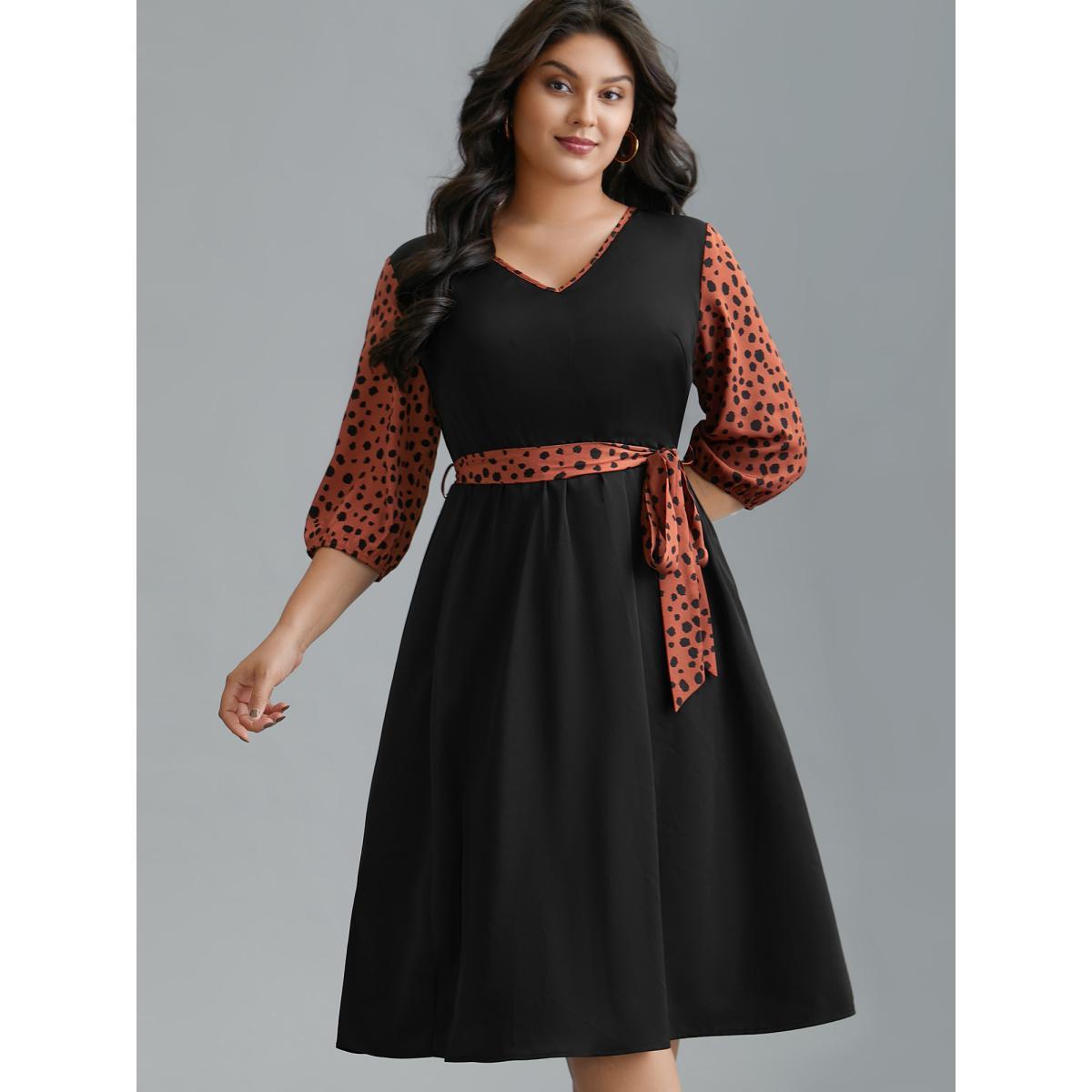 Plus Size V Neck Polka Dot Color contrast Dress Black Women Elegant Belted V-neck Elbow-length sleeve Curvy BloomChic 14-16/1X Product Image