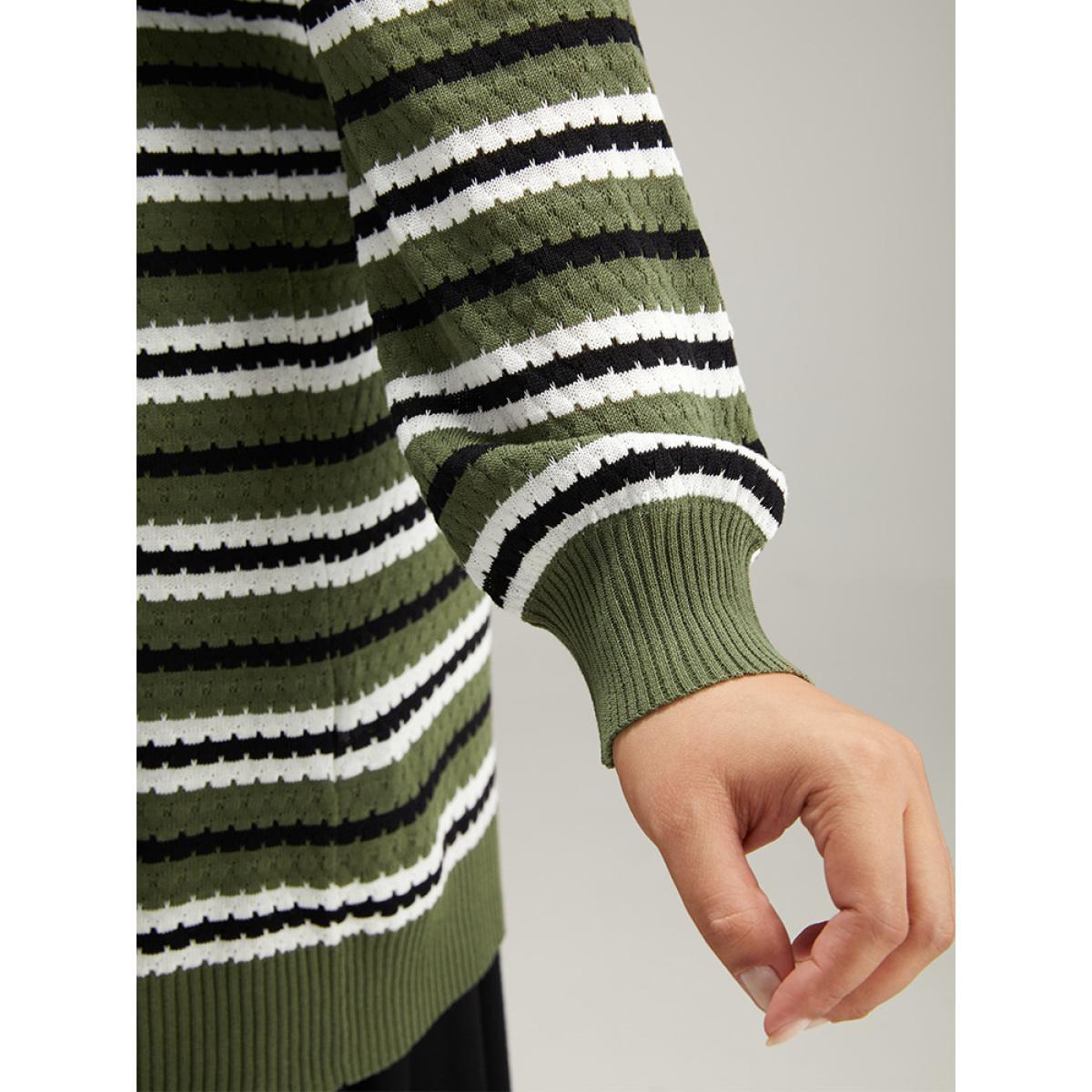 Plus Size Striped Contrast Elastic Cuffs Button Through Cardigan Multicolor Women Glamour Loose Long Sleeve Dailywear Cardigans BloomChic 26/4X Product Image