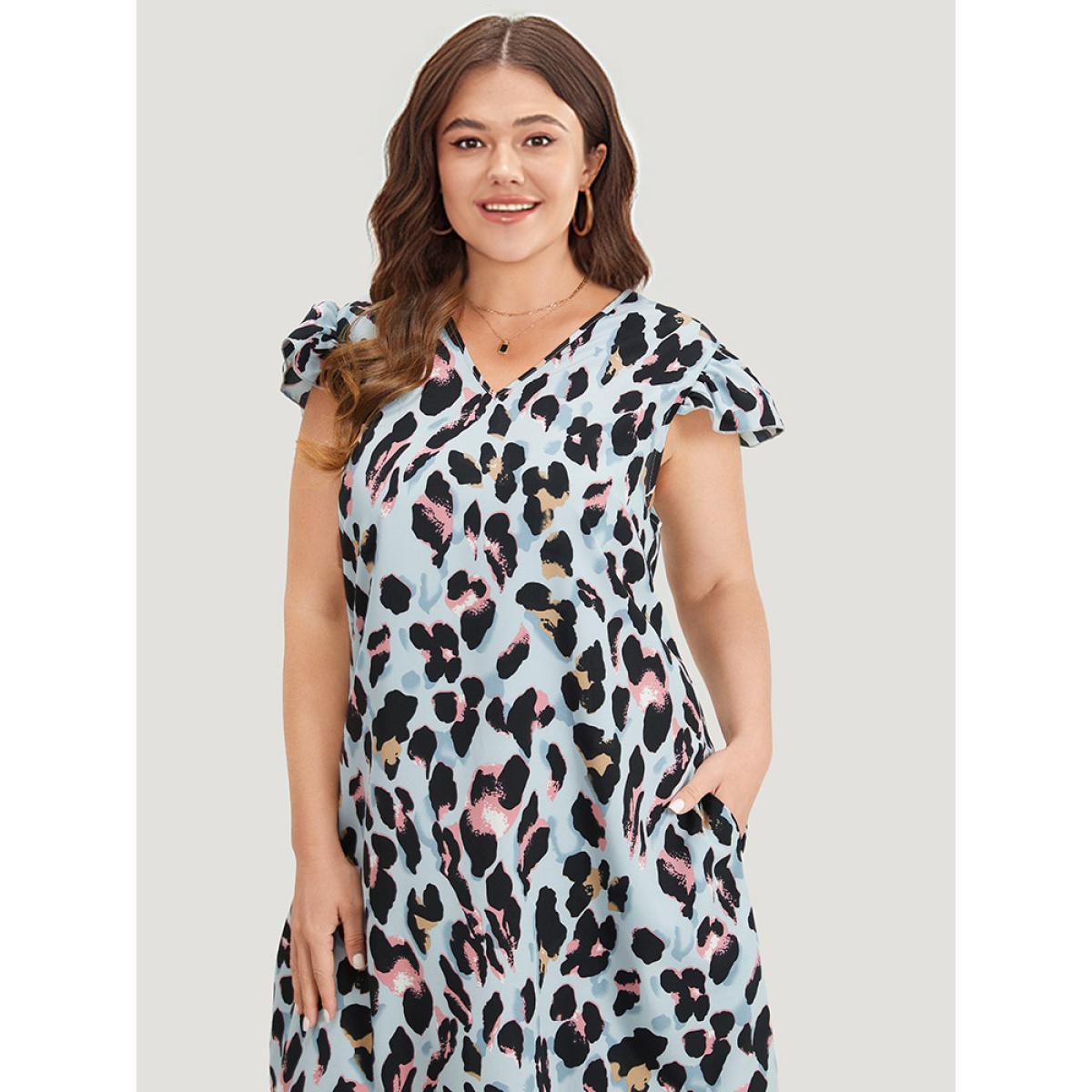 Plus Size Colour Leopard Print Pocket Ruffle Cap Sleeve Dress LightBlue Women Elegant V-neck Cap Sleeve Curvy Knee Dress BloomChic 28/5X Product Image