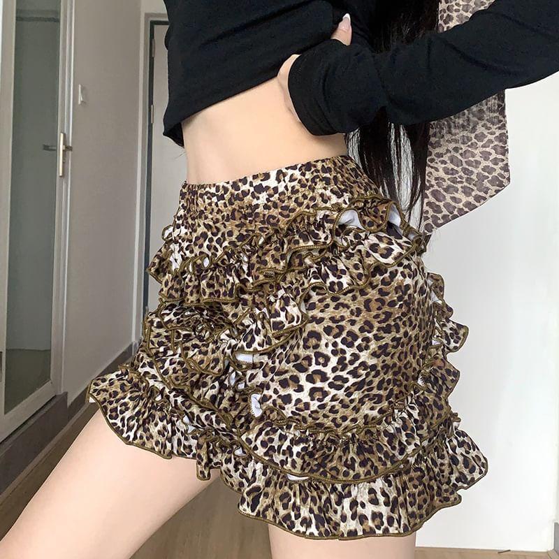 High Rise Leopard Ruffle Trim Mini Pencil Skirt Product Image