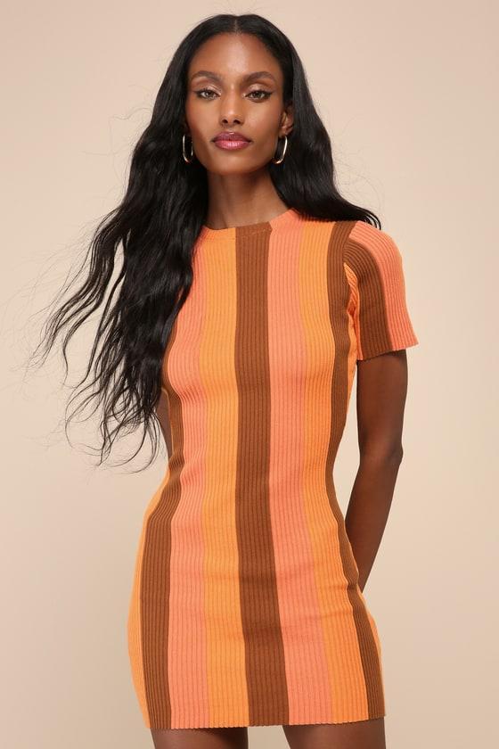 Definitely Cool Orange Striped Ribbed Short Sleeve Mini Dress Product Image