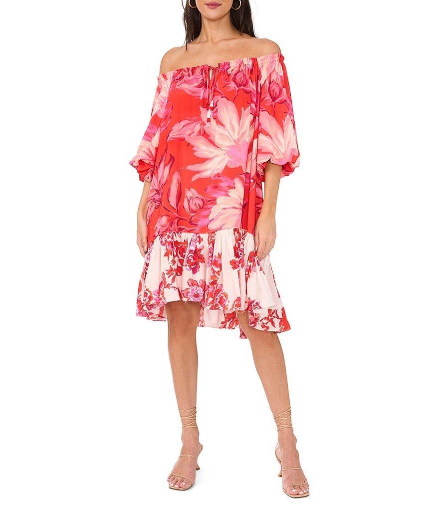 Vince Camuto Woven Floral Print Off-The-Shoulder 3/4 Sleeve Beaded Tiered Shift Dress Product Image