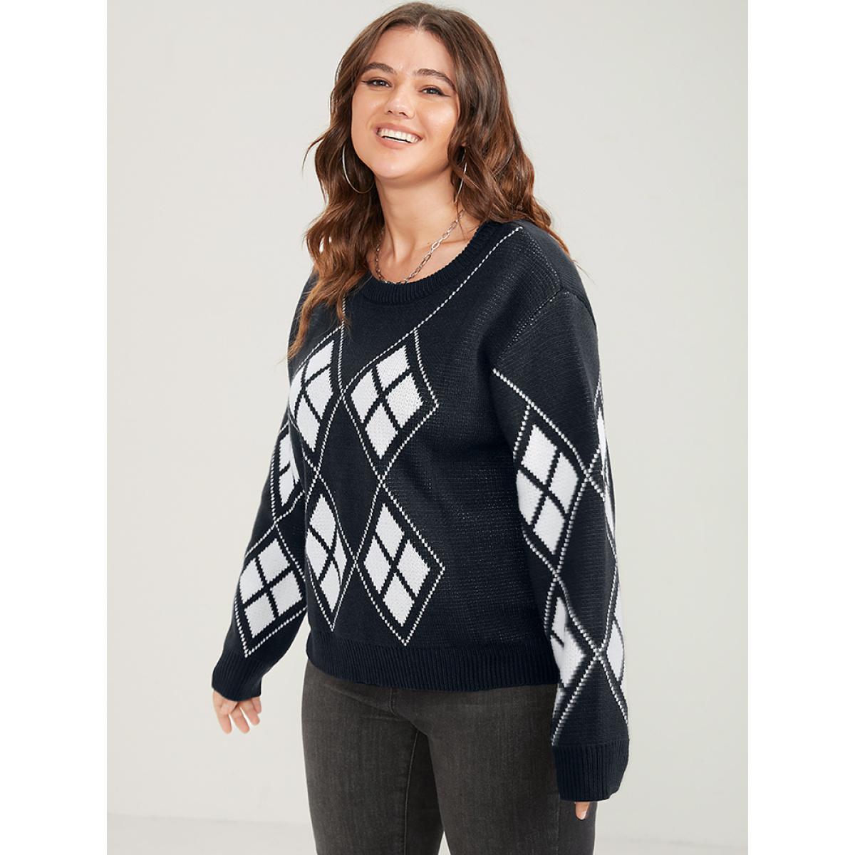 Plus Size Geometric Contrast Pointelle Knit Round Neck Knit Top Black Women Casual Long Sleeve Round Neck Dailywear Pullovers BloomChic 28/5X Product Image