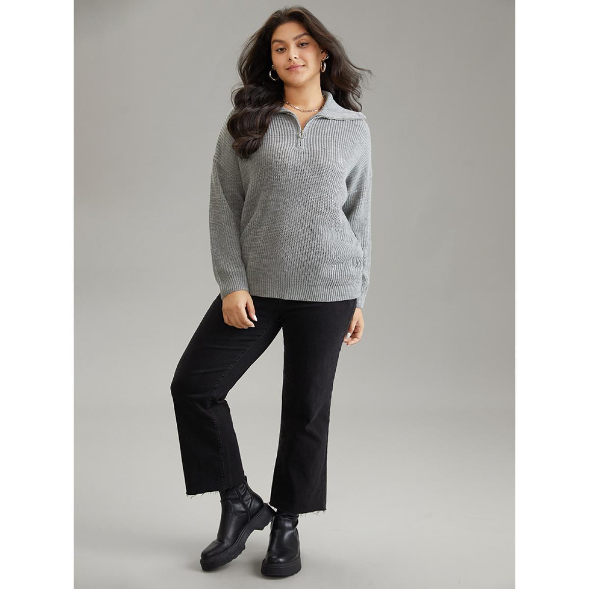 Plus Size Solid Knit O Ring Half Zip Pullover DarkGray Women Casual Loose Long Sleeve Polo Dailywear Pullovers BloomChic 30/6X Product Image