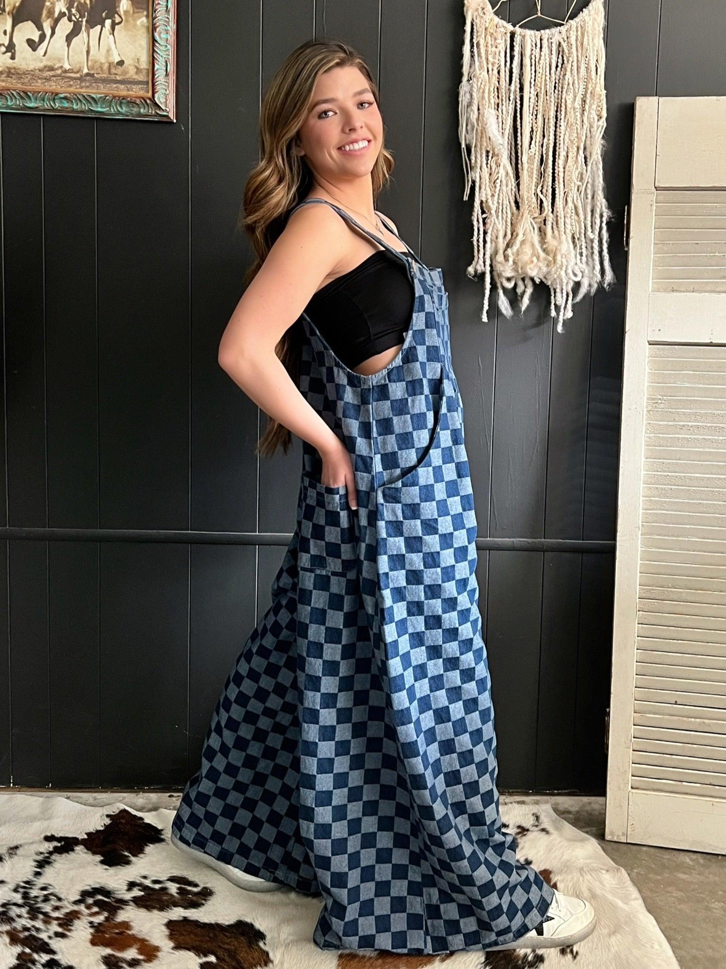 Denim Checkered Wide Leg Overalls Product Image