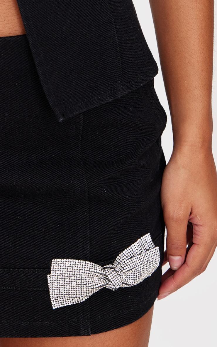 Black Diamante Bow Detail Denim Mini Skirt Product Image
