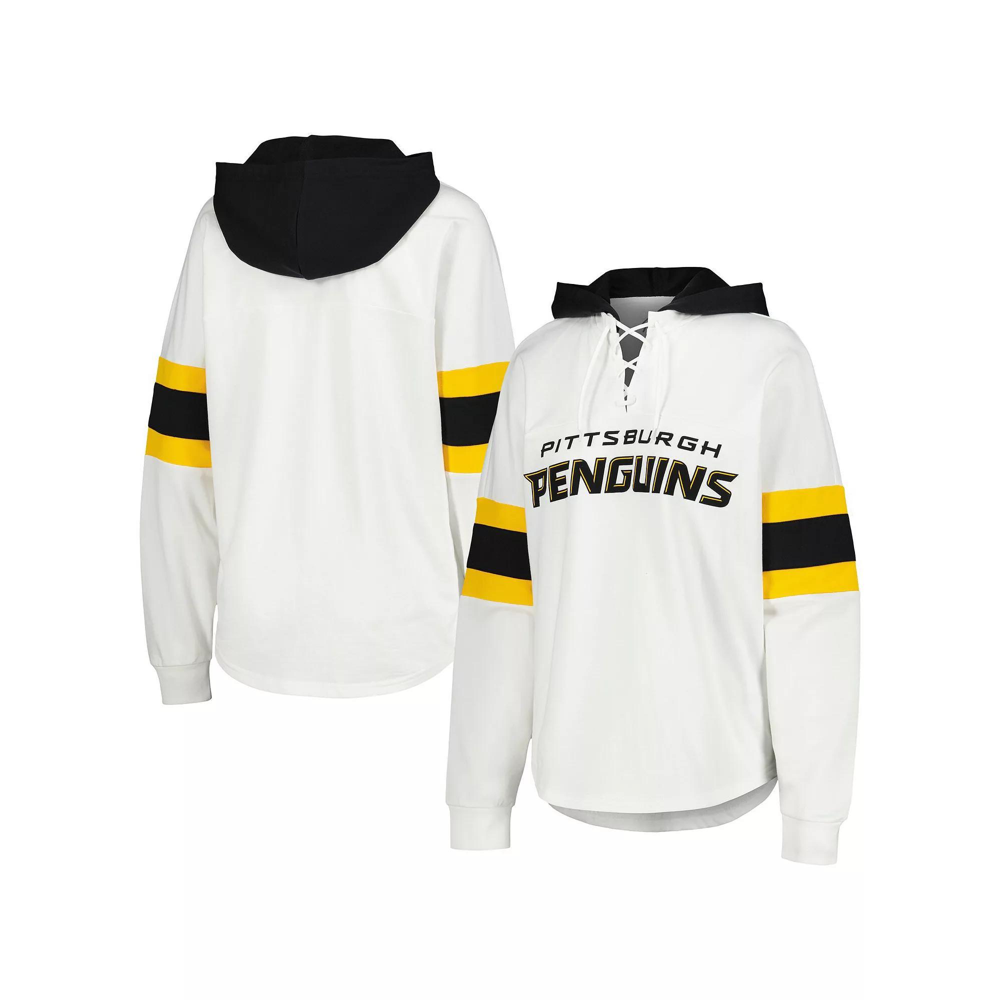 Women's G-III 4Her by Carl Banks White/Black Pittsburgh Penguins Goal Zone Long Sleeve Lace-Up Hoodie T-Shirt, Size: Small Product Image