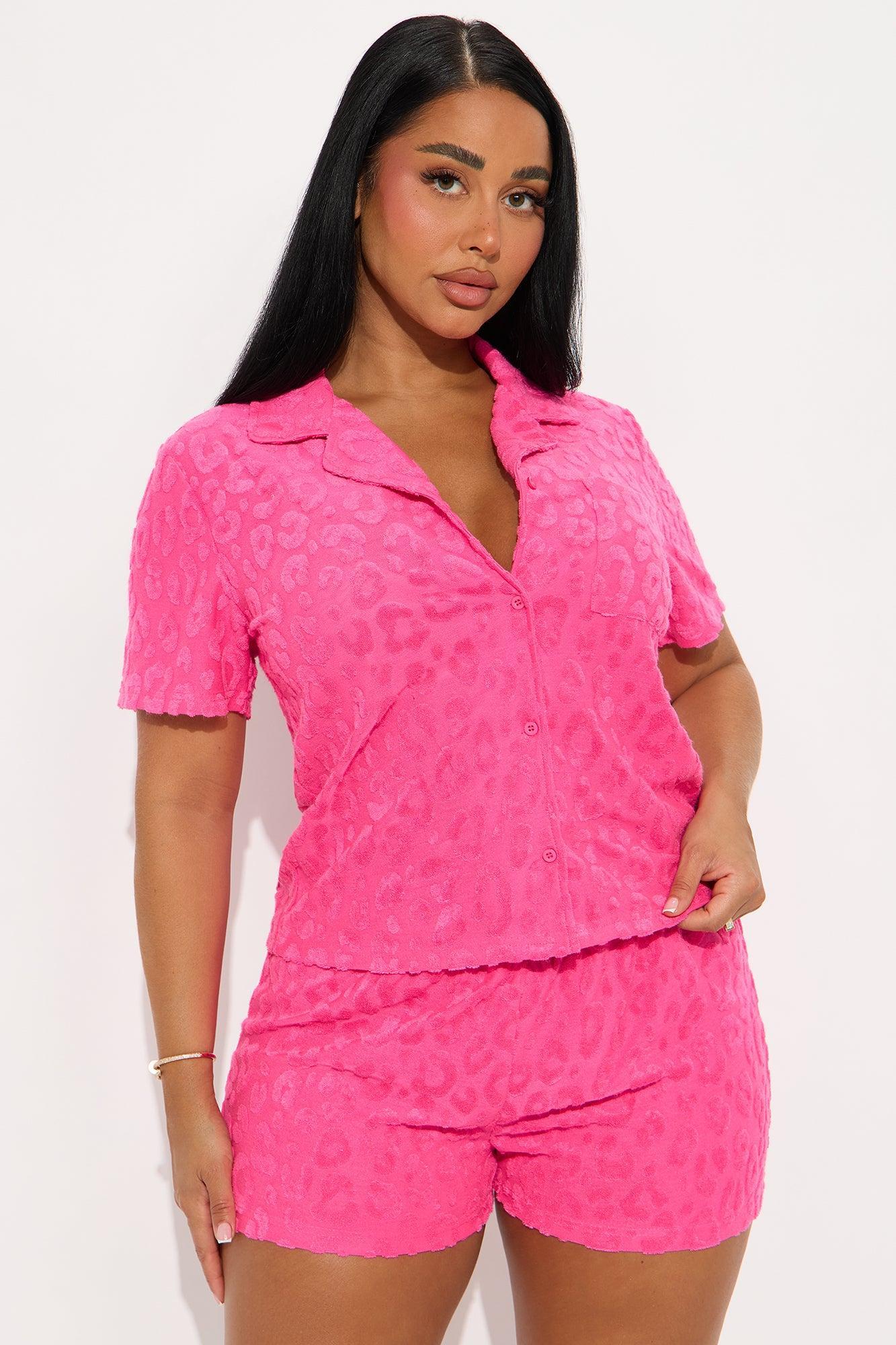 Bedroom Chill French Terry Embossed PJ Short Set - Hot Pink Product Image