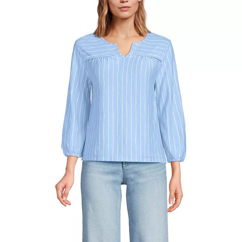 Women's Lands' End 3/4 Sleeve Slub Notch Neck Top, Size: Large, White Green Stripe Product Image