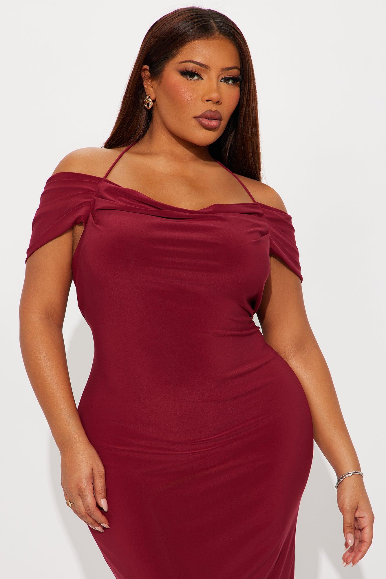 Jaden Off Shoulder Cowl Back Maxi Dress - Burgundy Product Image