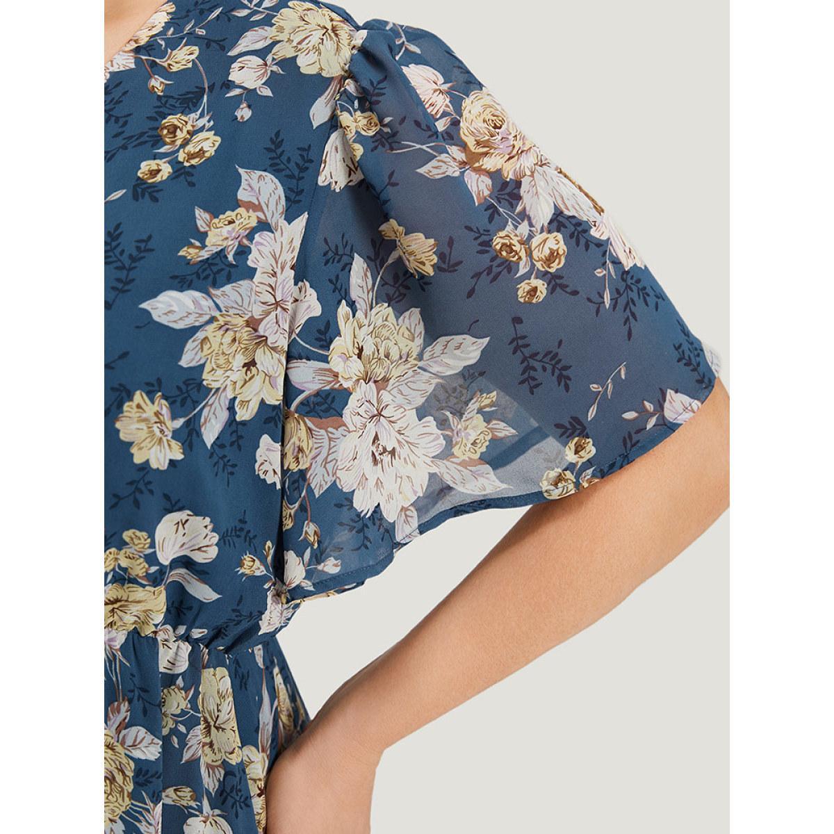 Plus Size Floral Print Surplice Neck Flutter Sleeve Dress Stone Women Elegant Gathered V-neck Short sleeve Curvy Midi Dress BloomChic 14-16/1X Product Image
