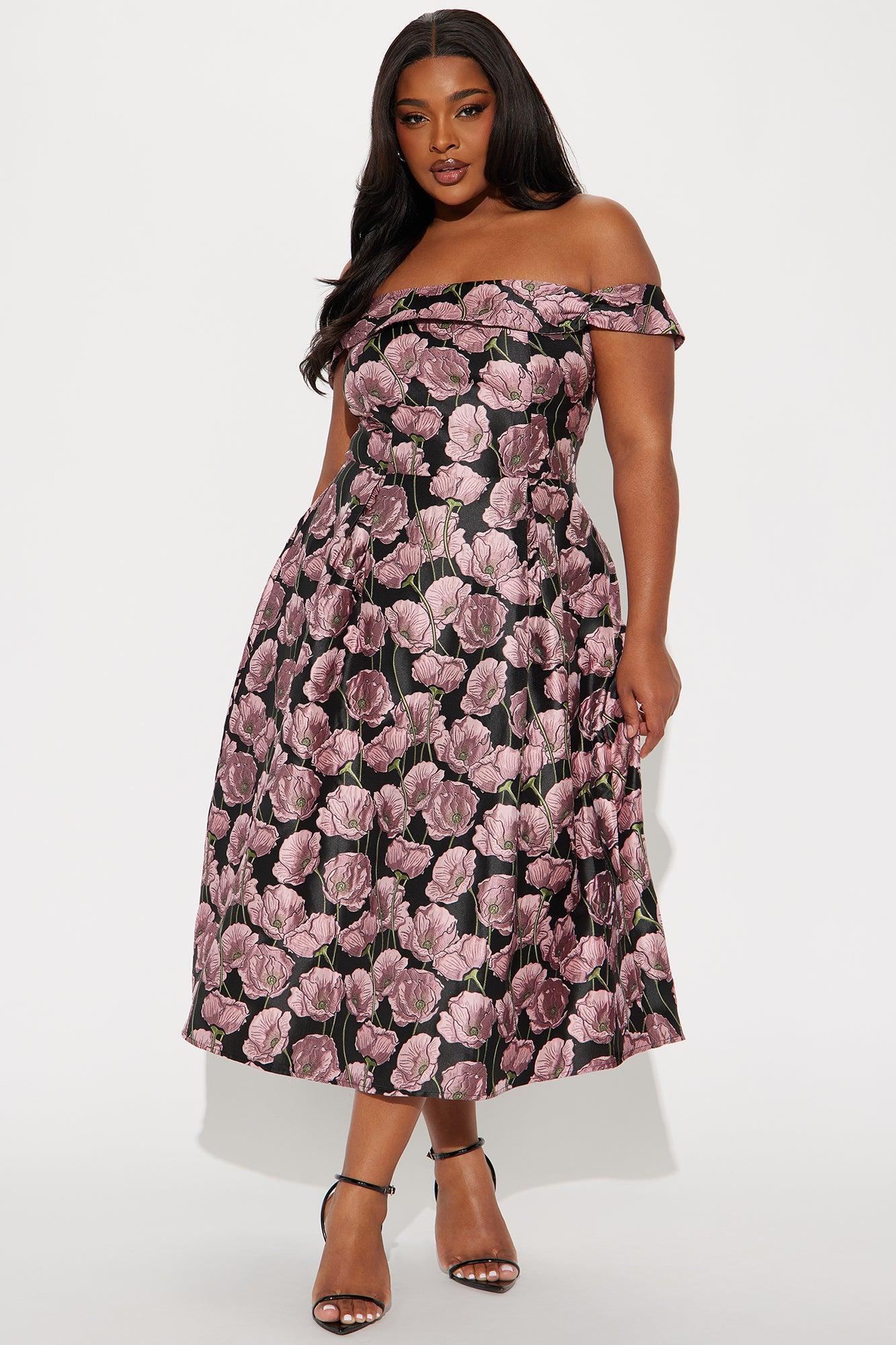Beautiful Bloom Jacquard Midi Dress - Black/Pink Product Image