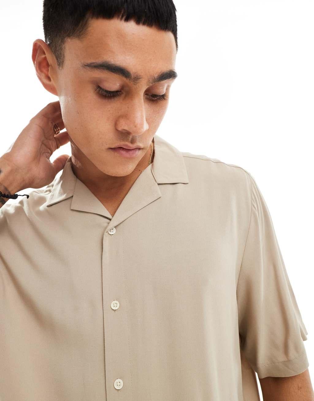ASOS DESIGN relaxed viscose shirt in stone Product Image