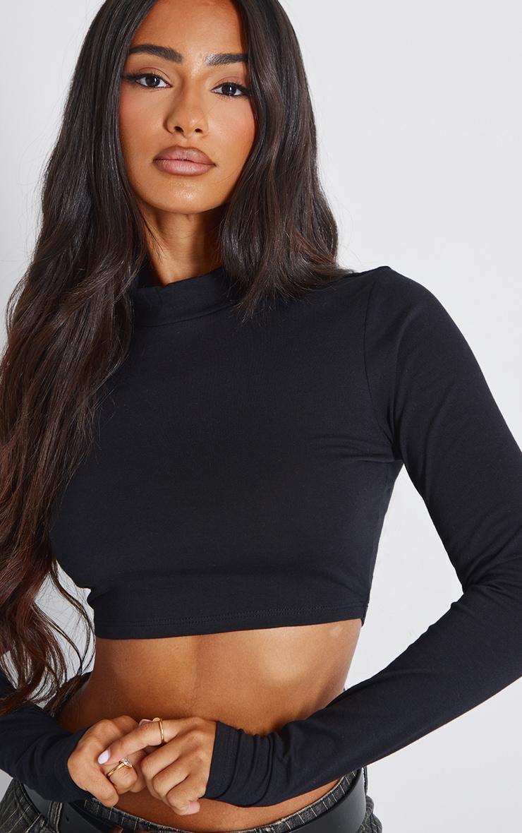 Black High Neck Long Sleeve Crop Top Product Image
