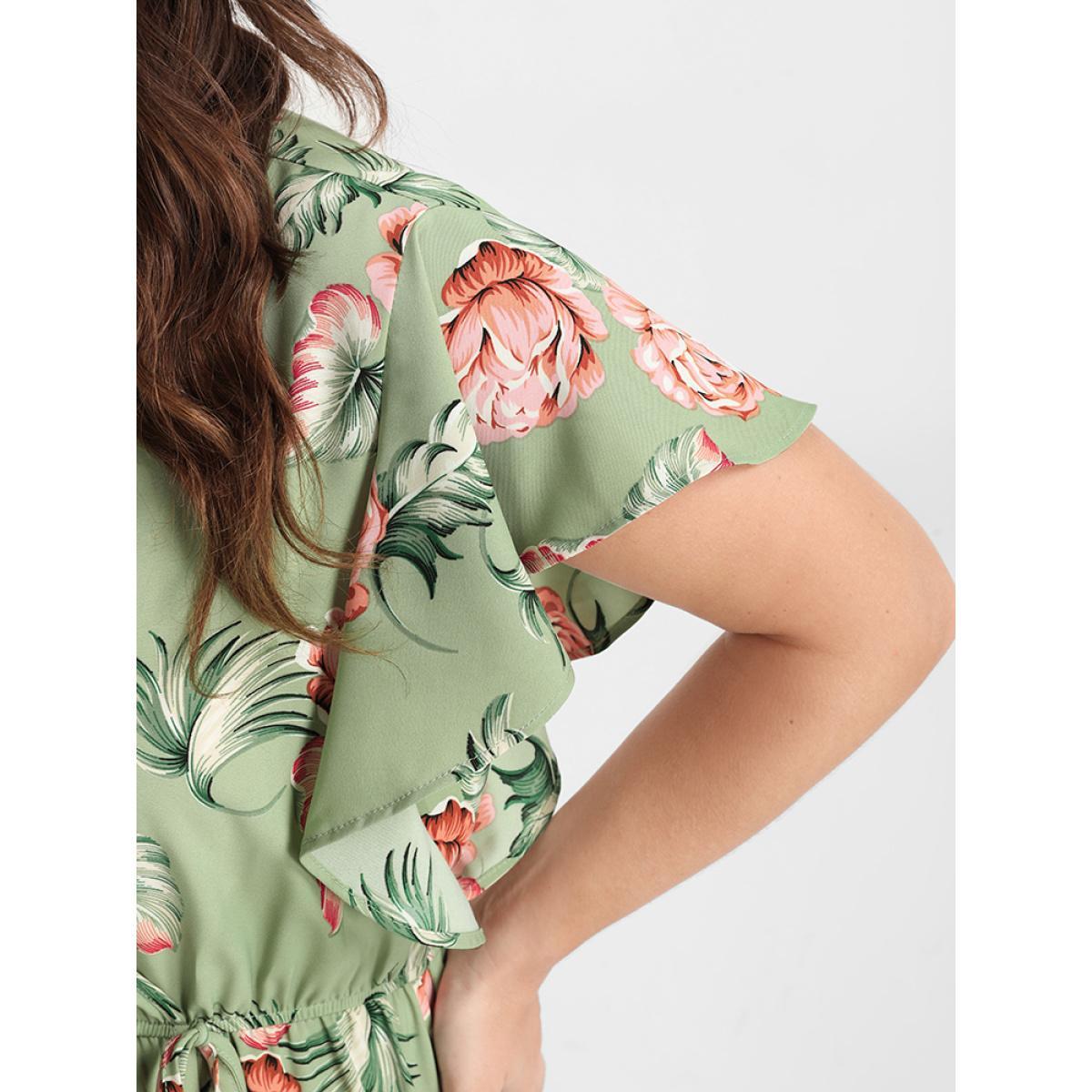 Plus Size Floral Ruffles Raglan Sleeve Ties Wrap Midi Dress LightGreen Women Elegant Printed V-neck Short sleeve Curvy Midi Dress BloomChic 10/M Product Image