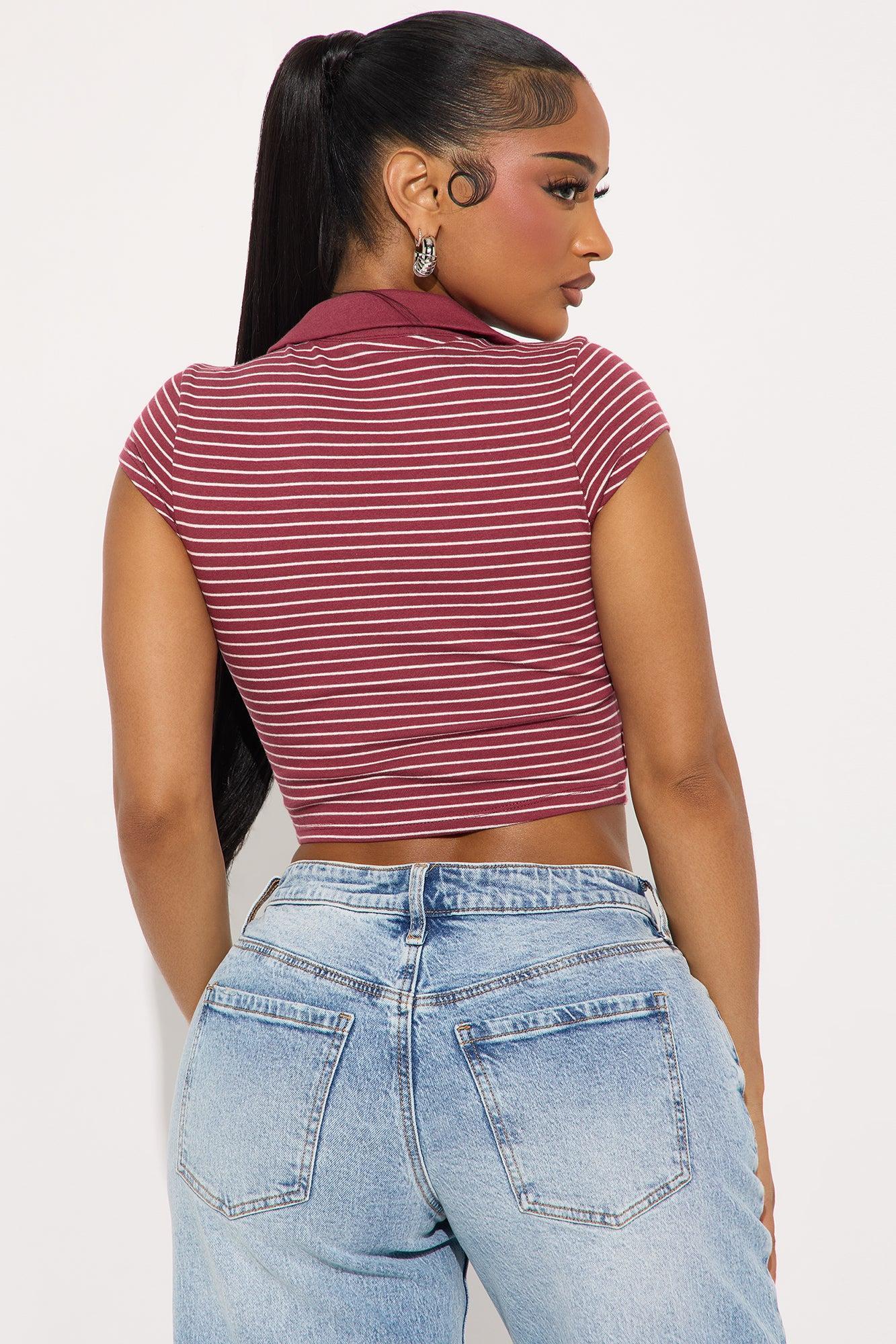 Simi Striped Polo Top - Wine/combo Female Product Image