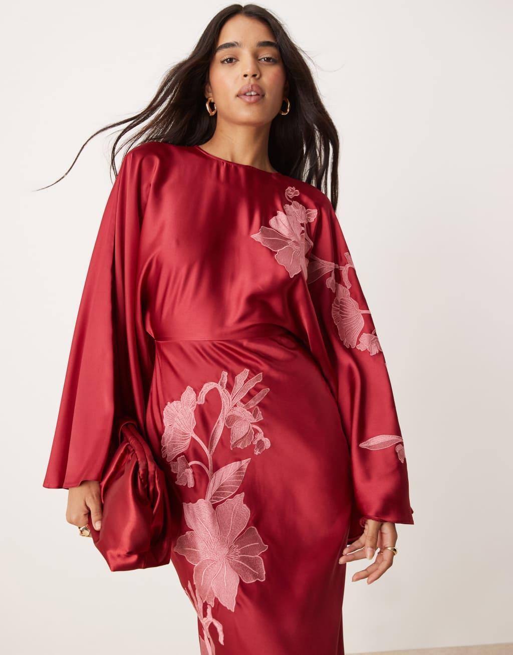 ASOS DESIGN exaggerated sleeve embroidered satin bias maxi dress in berry Product Image