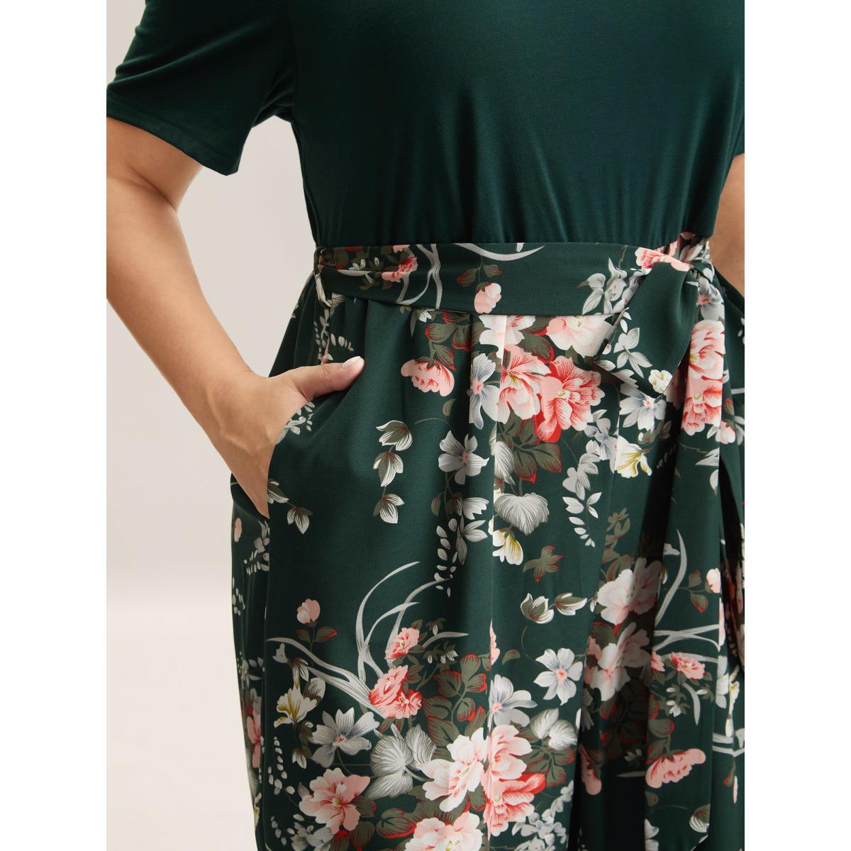 Plus Size DarkGreen Color Contrast Belted Panel Pockets Jumpsuit Women Elegant Short sleeve Square Neck Everyday-Elegant Loose Jumpsuits BloomChic 14-16/1X Product Image