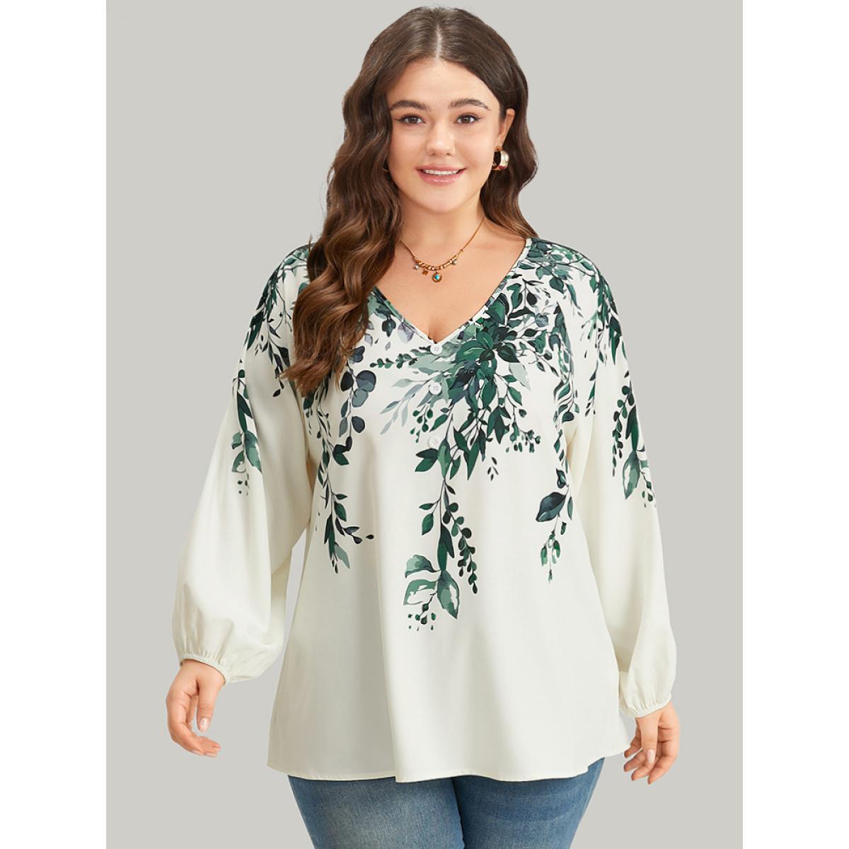 Plus Size DimGray Plants Print Lantern Sleeve Button Detail Blouse Women Vacation Long Sleeve V-neck Dailywear Blouses BloomChic 28/5X Product Image