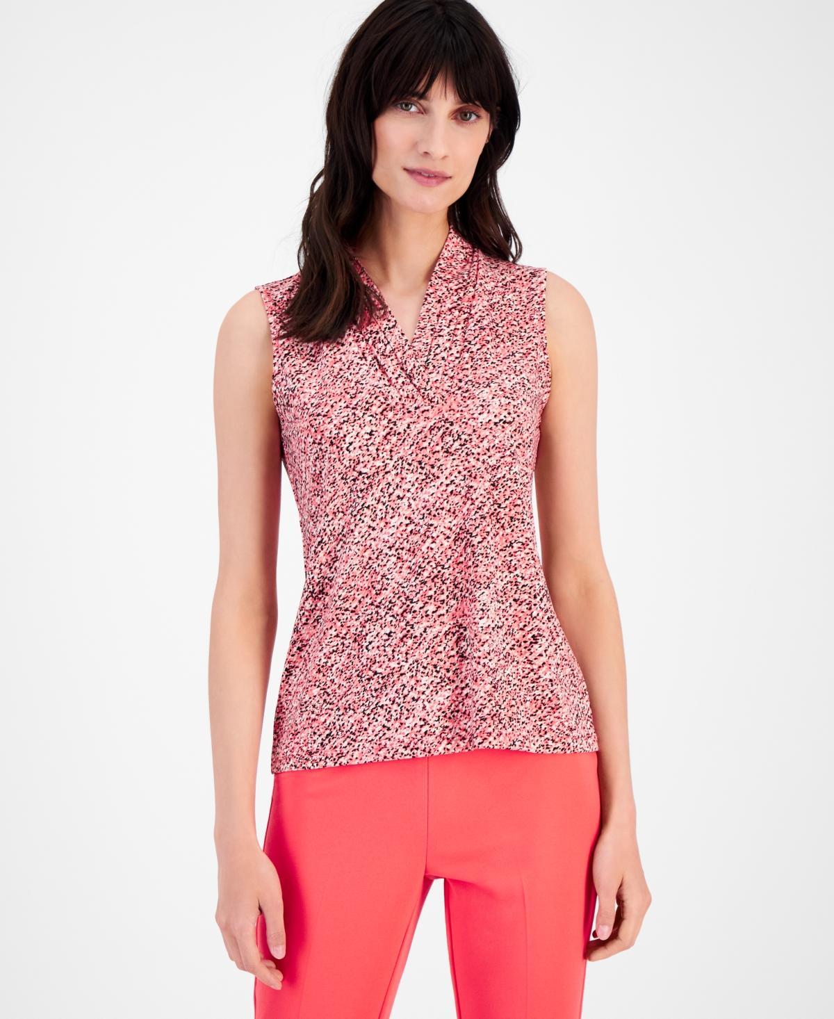 Anne Klein Womens Pleated-Neck Printed Sleeveless Top - Anne Black Product Image