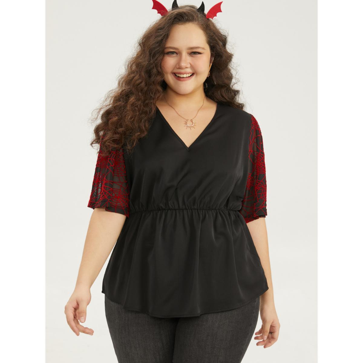 Plus Size Black Halloween Spider Web Mesh Patchwork Elastic Waist Blouse Women Office Short sleeve V-neck Festival-Halloween Blouses BloomChic 26/4X Product Image