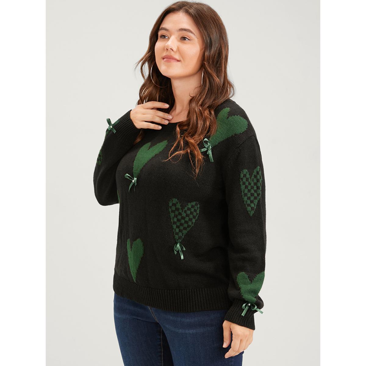 Plus Size Heart Print Contrast Pointelle Knit Bowknot Beaded Knit Top Black Women Elegant Long Sleeve Round Neck Dailywear Pullovers BloomChic 26/4X Product Image