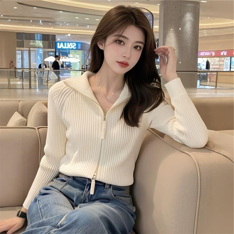 Long-Sleeve Mock Neck Plain Ribbed Zip Knit Top Product Image