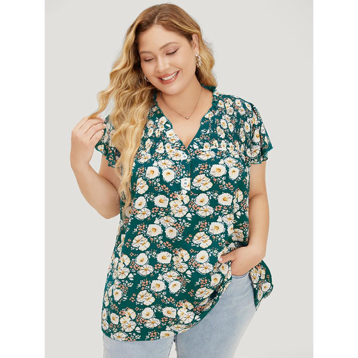 Plus Size Cerulean Floral Ruffle Sleeve Shirred Button Up Frill Trim Blouse Women Elegant Short sleeve V-neck Dailywear Blouses BloomChic 10/M Product Image