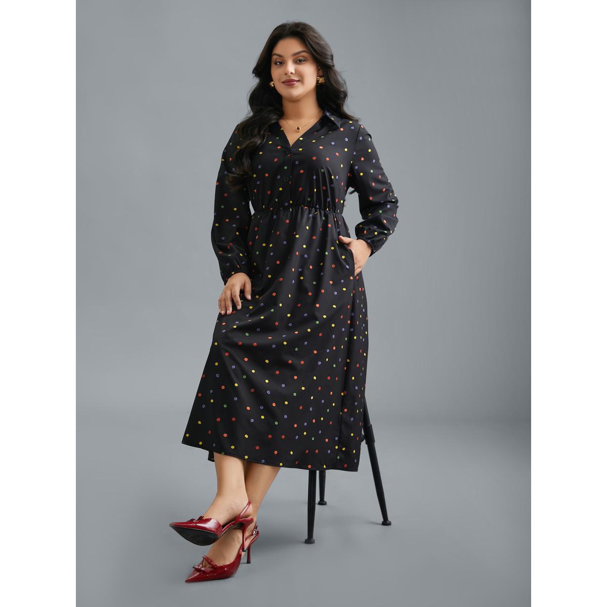 Plus Size Shirt Collar Colored Polka Dot Dress Black Women Elegant Button Shirt collar Long Sleeve Curvy BloomChic 12/L Product Image